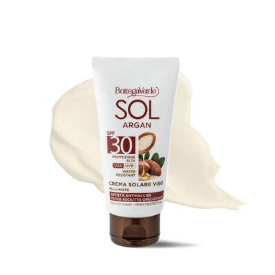 SOL Argan - Crema solare viso - antiet&agrave; antimacchie '' tocco asciutto opacizzante - con olio di Argan e Vitamina E - SPF30 protezione alta - water resistant - pelli miste
